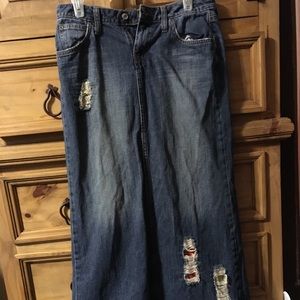 Long distressed denim skirt